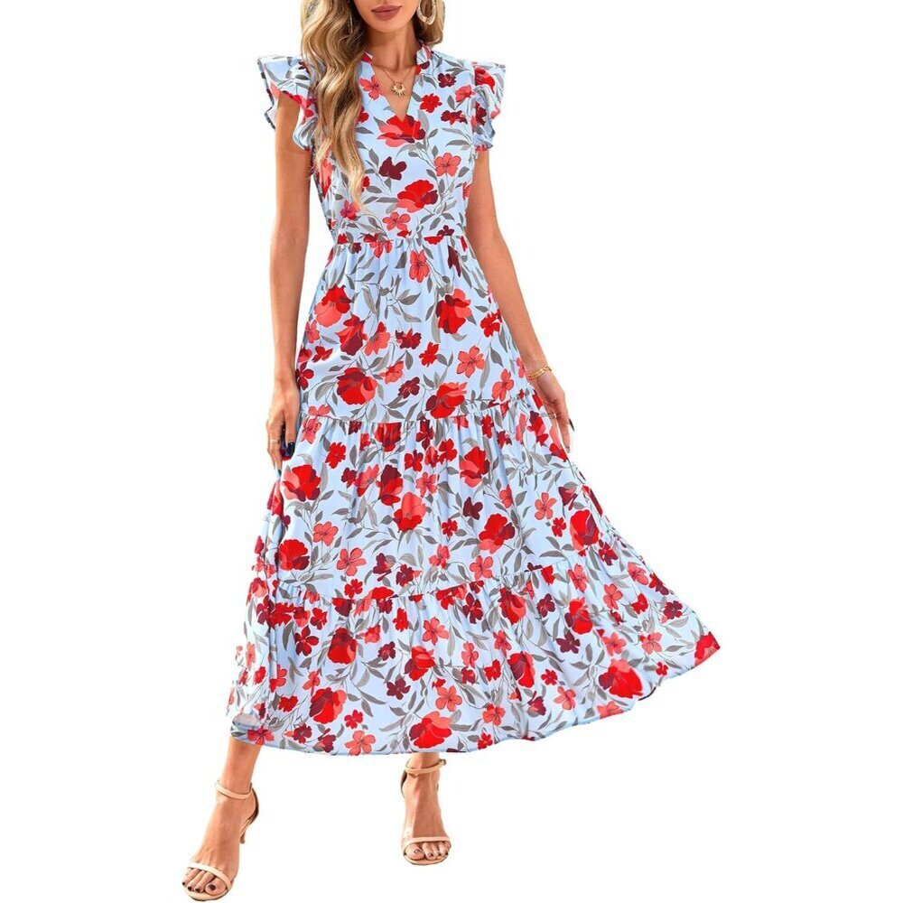 Women's Floral Midi Dress Summer Boho V Neck Cap Sleeve Ruffle Beach